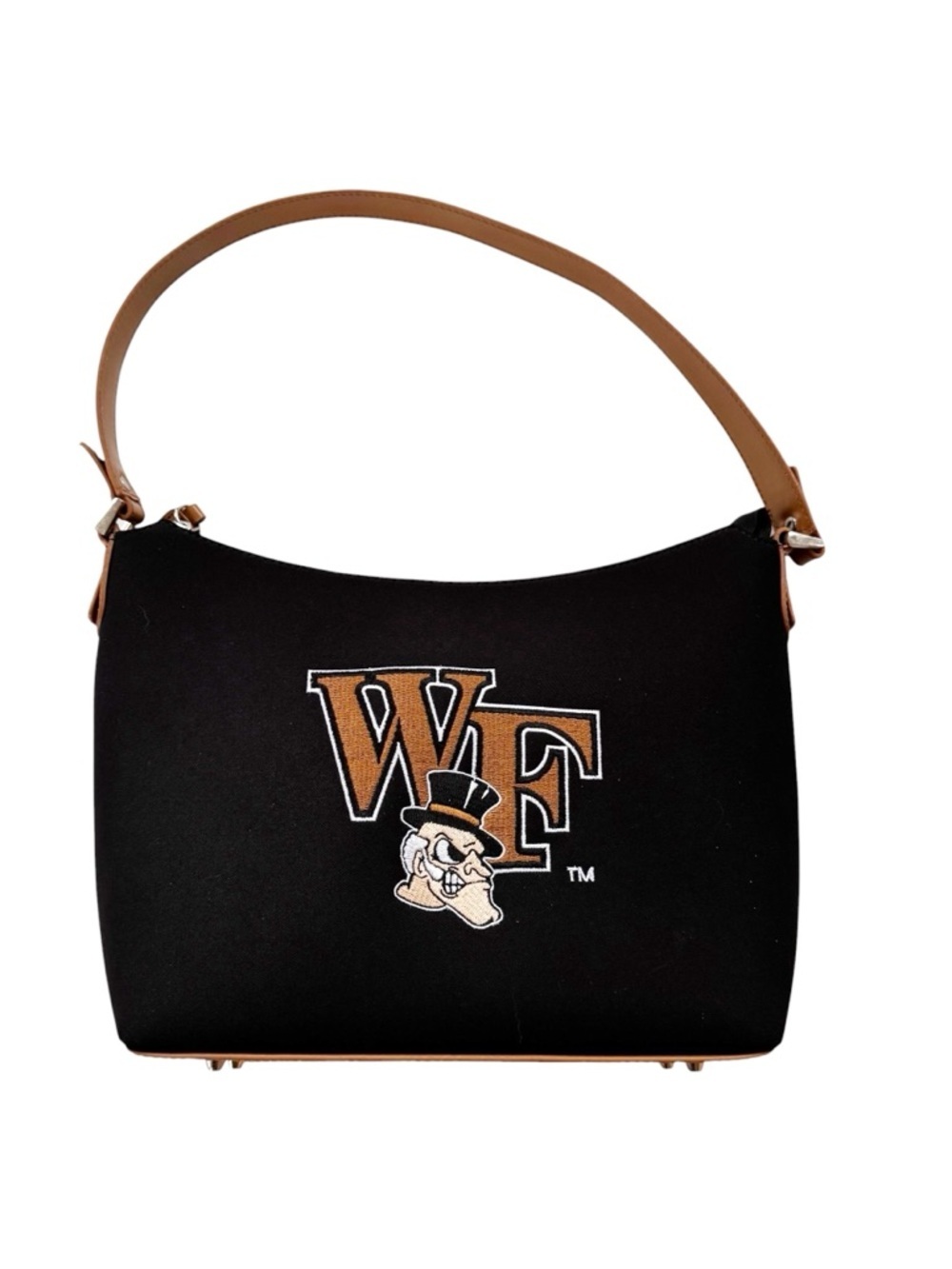NEW Wake Forest Embroideted Demon Deacon Fabric Shoulder Bag Faux Leather Black